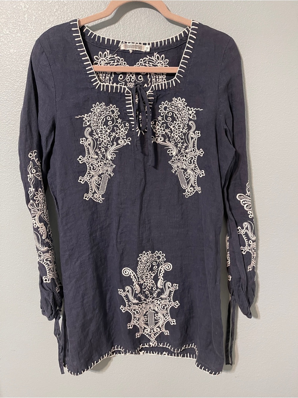 Monoreno Dress Navy Embroidered Boho Tunic 100% Linen Long Sleeve Western Medium